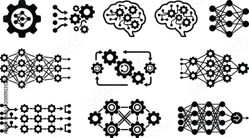 Verschiedene Icons und Symbole für neuronale Netze, künstliche Intelligenz und maschinelles Lernen.