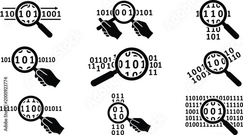 Neun Icons mit Lupen, die binären Code untersuchen und digitale Datenanalyse darstellen.