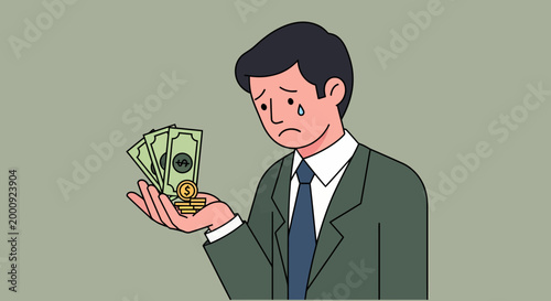 Man holding dollar bills worried expression.