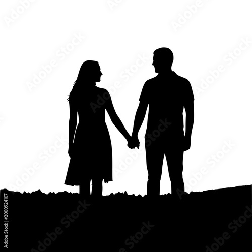 Silhouette of a romantic couple holding hands against a white background