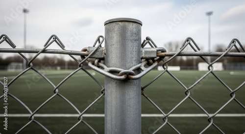 Close-up of a metallic chain-link fence post connection with a blurred outdoor sports field in the background