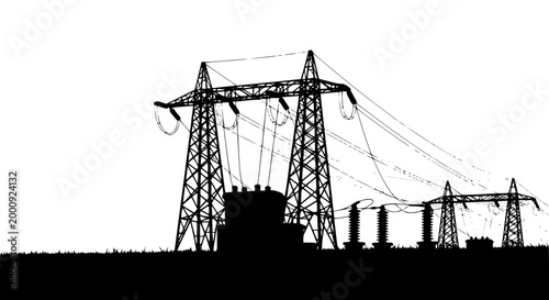 Silhouette of High Voltage Electricity Pylons and Transmission Towers Grid