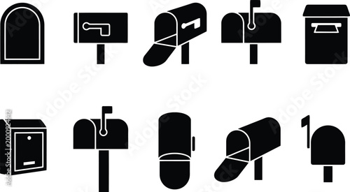 Eine Sammlung von zehn schwarzen Silhouetten verschiedener Briefkästen und Postfächer in unterschiedlichen Formen und Größen.