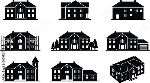 Sammlung von neun verschiedenen schwarzen Haussilhouetten, darunter Villen, Wohnhäuser und Gebäude mit unterschiedlichen architektonischen Merkmalen und Perspektiven.