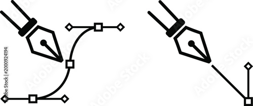Stylized pen nib icons with curved and straight vector paths showing Bézier control points digital illustration design