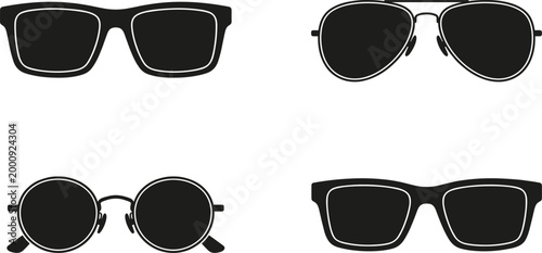 Photos Sunglasses collection, rectangular frames, aviator style eyewear, round lenses,