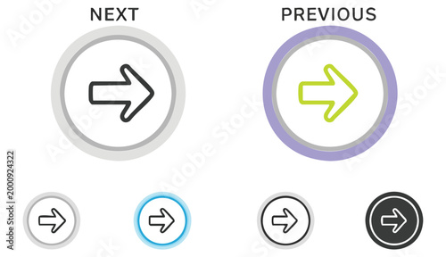 Arrow buttons icon set. Website slider navigation symbols. Next and previous rounded buttons for app. Web interface arrow buttons isolated .
