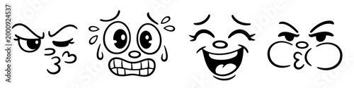 A horizontal row of cartoon faces showing sly, teary-eyed, excited, and tongue-out expressions. Black outline doodle style on white background. Great for stickers and comics.