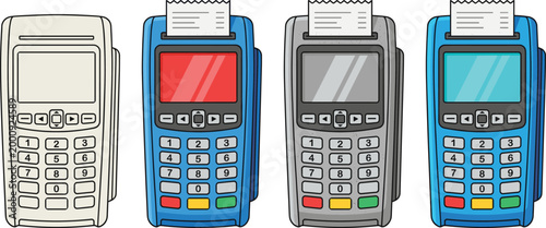 POS terminal icons with credit card reader and paper receipt, electronic payment machines set vector illustration