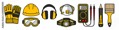 Flat vector set of protective gear and electrical tools including helmet, gloves, tester and screwdriver. Workplace safety and engineering concept isolated on white background