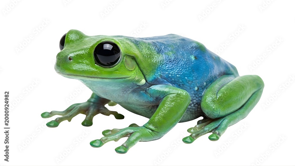 Obraz premium A vibrant green and blue frog with large black eyes sitting on a white background