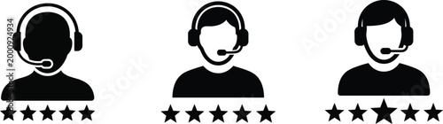 Customer support representatives with star ratings black and white icons