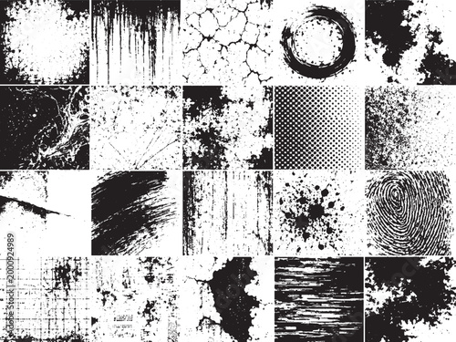 Grunge texture bundle black ink splashes brush strokes cracked wall abstract set pack