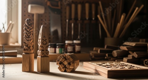 Intricately Carved Wooden Objects and Tools in a Workshop Setting