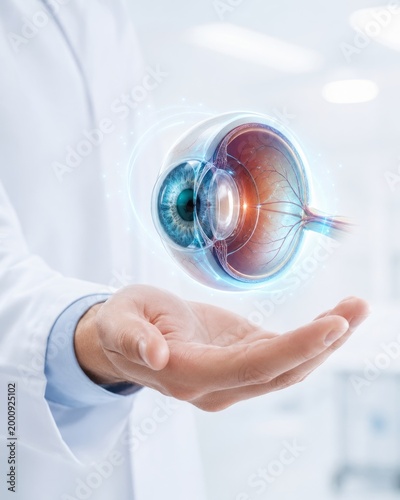 Ophthalmology image showing a hand presenting a floating anatomical human eye in a clinical setting. AI generative