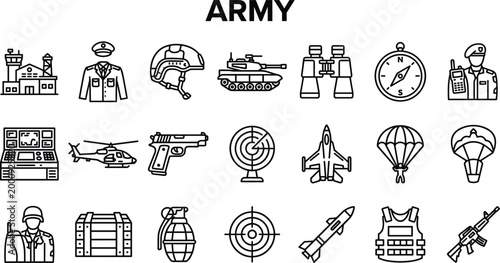 Army military icons collection with weapons vehicles equipment and defense symbols representing armed forces operations strategy and combat readiness concept