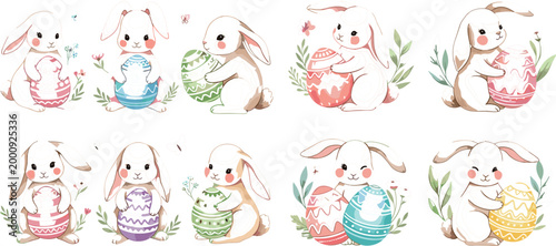 Watercolor Easter bunny collection with decorated eggs featuring cute rabbit characters in soft pastel colors perfect for spring holiday designs and greeting cards