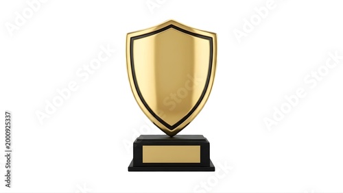 A shiny gold shield trophy on a black base with a blank gold plate for engraving purposes