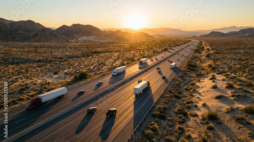Aerial View of Trucks and Cars on a Desert Highway During a Golden Sunset