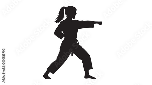 Silhouette woman karate fighting pose with raised fist and side kick on white background vector style