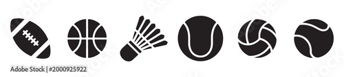 Set of different sports balls and equipment icons in silhouette.