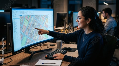A woman in an office setting analyzing a map on her computer screen.