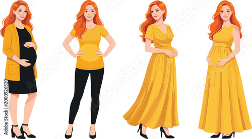 Redheaded Pregnant Woman in Yellow Maternity Fashion Outfits CAD Drawing Flat Vector Illustration Set