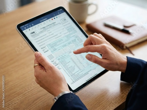 A person in a business suit examining a digital document on a tablet at a wooden desk.