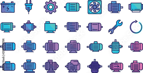 Electric motor and mechanical components icon set with engines fans gears and industrial equipment for engineering and maintenance design