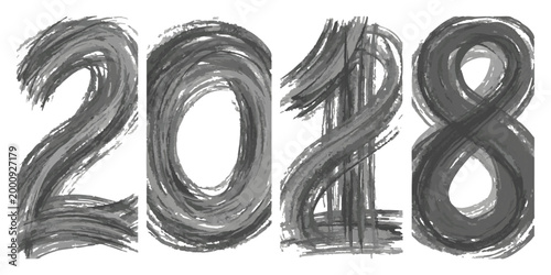 Year 2018 written with black ink brush strokes in a stylized artistic font for holiday card design
