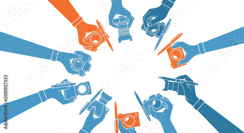 Journalism and media concept vector, hands holding cameras and pens in a circle, press conference and news reporting illustration
