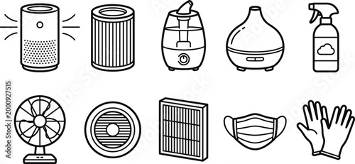 Air purifier, humidifier, and fan set with filters and protective gear, home climate control vector illustration