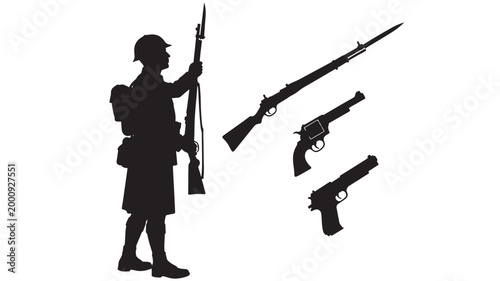 Soldier holding rifle silhouette with two black gun icons showing combat weapons in minimalist style