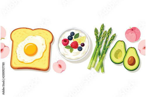 Nutritious Breakfast Spread: A vibrant arrangement of culinary delights, featuring a sunny-side-up egg on toast, a creamy yogurt bowl adorned with berries and lemon, crisp asparagus spears.