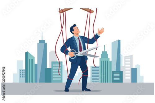 Breaking Free: An illustrated professional in a suit defiantly cuts the strings of control, with a cityscape background suggesting liberation from constraints.