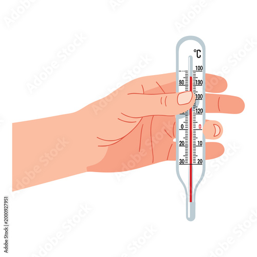 Precise Reading of Temperature: A detailed illustration captures a hand holding a thermometer, highlighting the importance of health awareness and temperature measurement.
