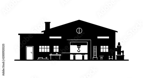 Black Silhouette Illustration of an Industrial Workshop Factory Building