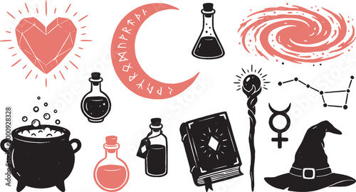 Collection of mystical magical items including a crystal heart potions cauldron and witch hat