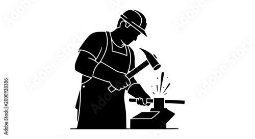 Blacksmith Metalworker Forging Steel with Hammer Silhouette Illustration
