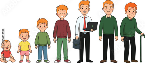 Redheaded Male Life Cycle Stages From Baby to Senior Man CAD Drawing Flat Vector Illustration