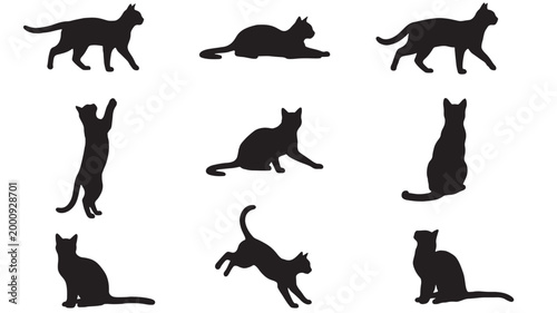 Cat silhouette icons set showing walking, sitting, standing, and jumping poses with bold black vector shapes