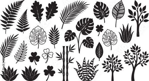 Collection of various stylized tropical and deciduous leaves and trees isolated on white