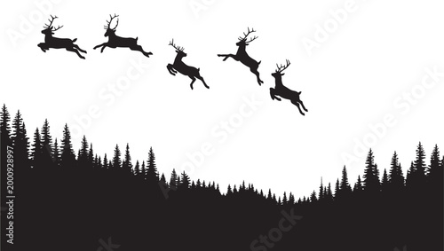 Photography Deer silhouette scene with forest treeline and flying reindeer icons for winter