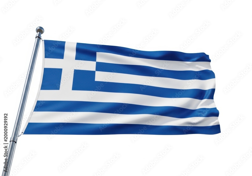 Obraz premium Flag of greece waving on a flagpole, isolated on white background