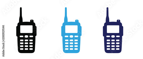 Collection of walkie talkie devices in black, blue, and dark blue colors