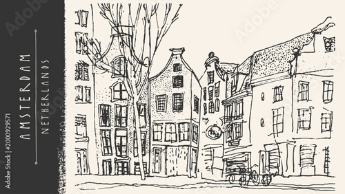 Amsterdam Holland sketch postcard. Canal street, Dutch houses, city skyline. Vintage hand drawn vector loose, uneven line art illustration. Netherlands architecture, summer travel illustration poster