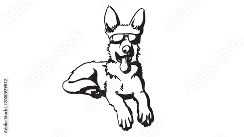 Dog wearing sunglasses cartoon illustration with white and black ink style and confident pose featuring canine, pet, portrait with character and