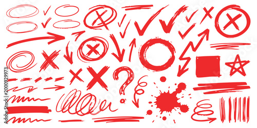 Set of hand drawn red markers arrows circles check marks crosses and scribbles for note taking and editing