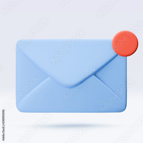 Vector 3d render envelope icon  with notification isolated on white. Message, mail, newsletter subscriptions, business documents, email services. Cute illustration for banner, web, social media, app