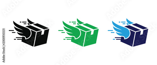 Colorful package delivery icons with wings in black, green, and blue